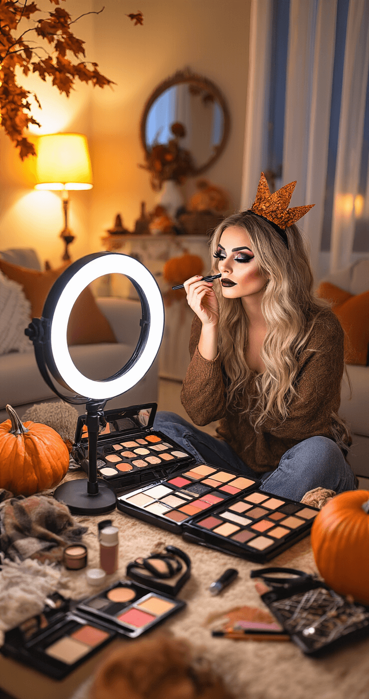 A woman practicing Halloween makeup in a warmly lit living room, with a professional makeup kit on the coffee table, surrounded by costume elements and autumn decorations, reflecting concentration in the mirror while applying dramatic eye makeup.