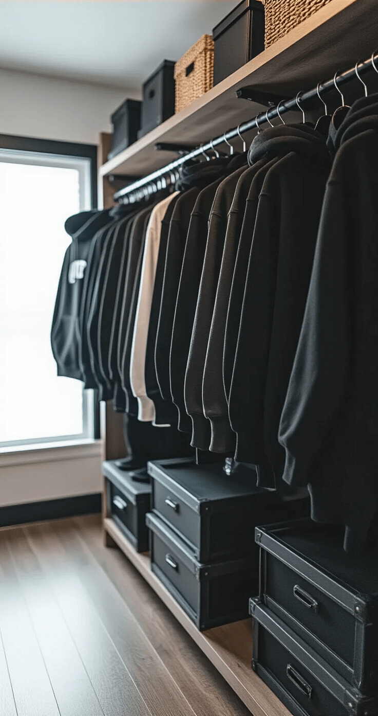 Ultimate Shadow the Hedgehog Cosplay Guide: Transform Into the Ultimate Lifeform! A neatly organized walk-in closet featuring an edgy collection of street-wear, including black hoodies and fitted dark bottoms, all highlighted by natural daylight streaming through frosted windows, showcasing various fabric textures and a coordinated color palette.