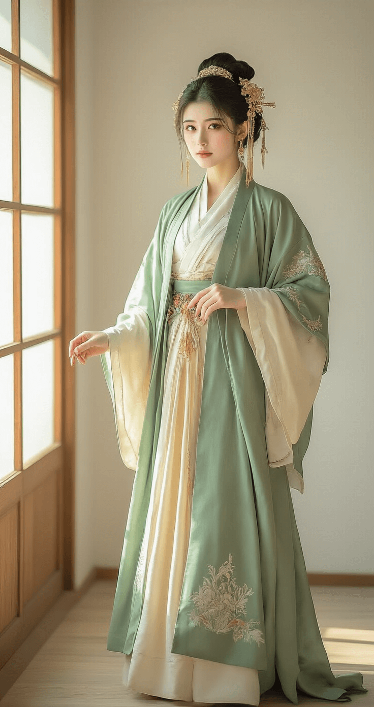 Maomao Cosplay: Your Ultimate Guide to Bringing the Apothecary Diaries Character to Life A young woman poses in a minimalist photography studio during golden hour, wearing a historically-inspired Maomao cosplay outfit with flowing sage green hanfu-style robes and cream-colored inner layers. Soft natural light highlights the intricate embroidery and layered textures of the fabrics, complemented by traditional Chinese accessories and ornate hair ornaments.