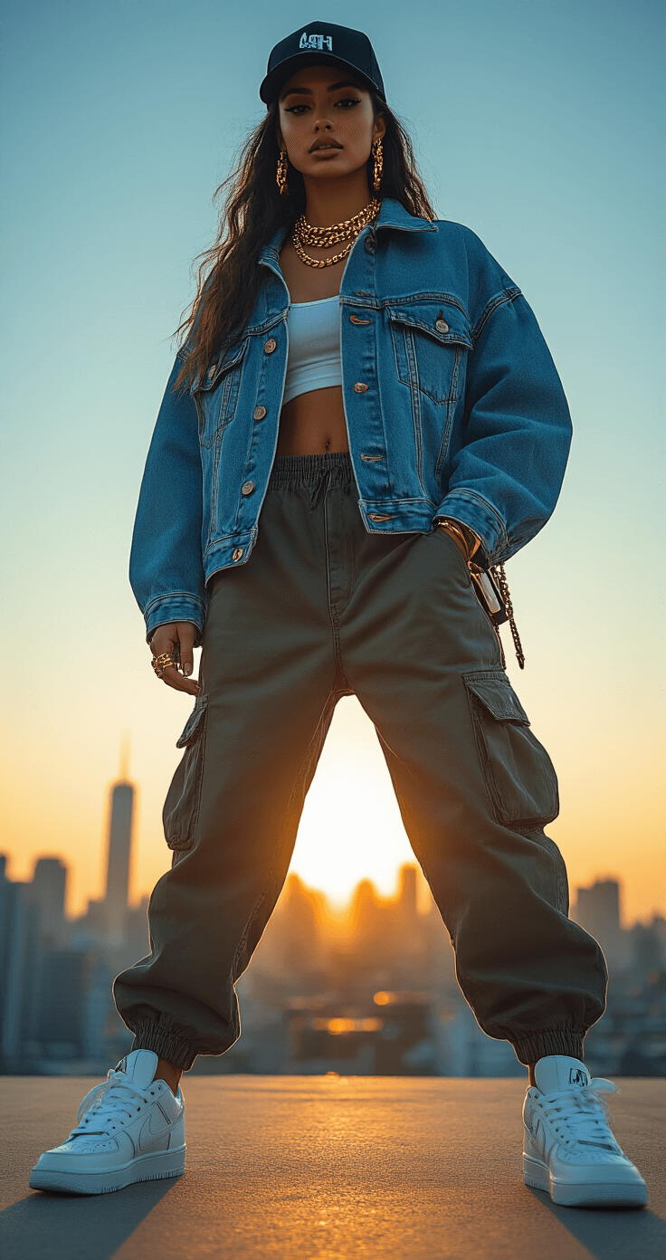 Hip-hop dancer in oversized denim jacket and baggy cargo pants poses confidently on an urban rooftop at golden hour, with city skyline in the background. Surrounded by warm sunset lighting, the scene captures vibrant street-style fashion with chunky gold jewelry and fresh white sneakers, creating a dynamic and energetic atmosphere.