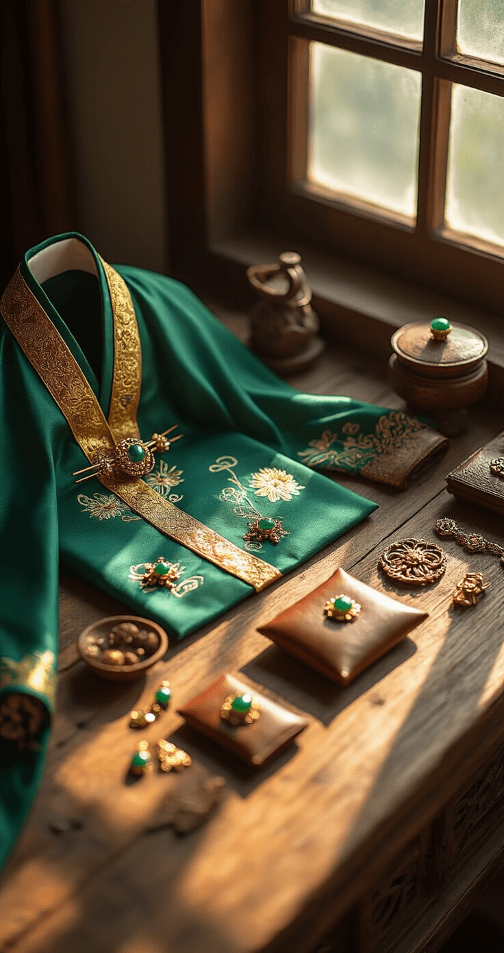 Maomao Cosplay: Your Ultimate Guide to Bringing the Apothecary Diaries Character to Life Close-up of a rustic wooden table filled with Maomao cosplay elements, including emerald green fabric with gold trim, jade-accented hair pins, leather pouches, and delicate jewelry, all illuminated by warm afternoon sunlight, highlighting intricate hanfu details and rich textures.