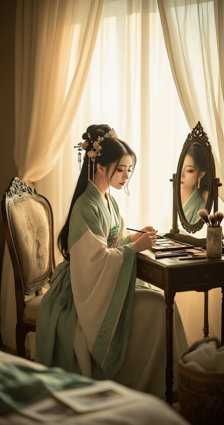 Maomao Cosplay: Your Ultimate Guide to Bringing the Apothecary Diaries Character to Life A young woman sits in a cozy bedroom corner, applying traditional Chinese-inspired makeup at a vintage vanity. She wears a Maomao cosplay outfit with layered robes in muted greens and creams, while ornate hair accessories catch the soft morning light. The scene features scattered makeup brushes, reference photos, and costume pieces on an antique chair, evoking an intimate and warm atmosphere.