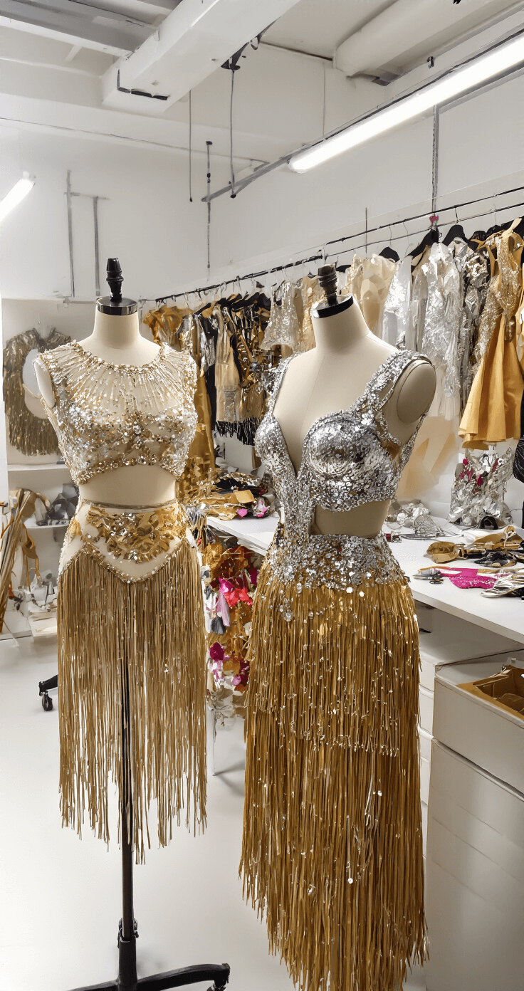 A vibrant costume design workspace featuring sequined tops, fringed skirts, and metallic accessories on dress forms and racks, showcasing intricate embellishments with shiny beads and decorative patterns under bright studio lighting.