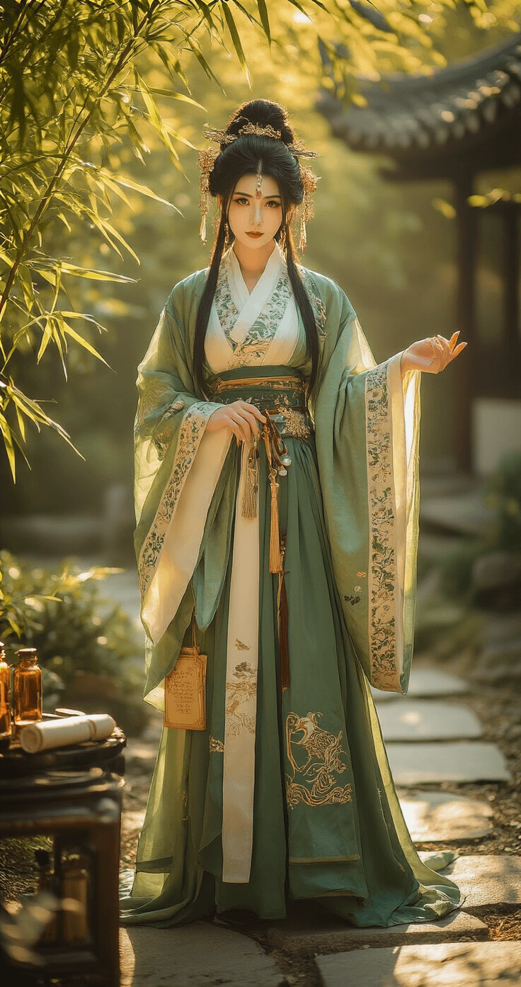 Maomao Cosplay: Your Ultimate Guide to Bringing the Apothecary Diaries Character to Life A cosplayer dressed as Maomao in a flowing hanfu with intricate embroidery stands in a traditional garden at golden hour, dappled sunlight illuminating the silk and brocade fabric in earthy green and gold tones, surrounded by props like medicine bottles and scrolls.