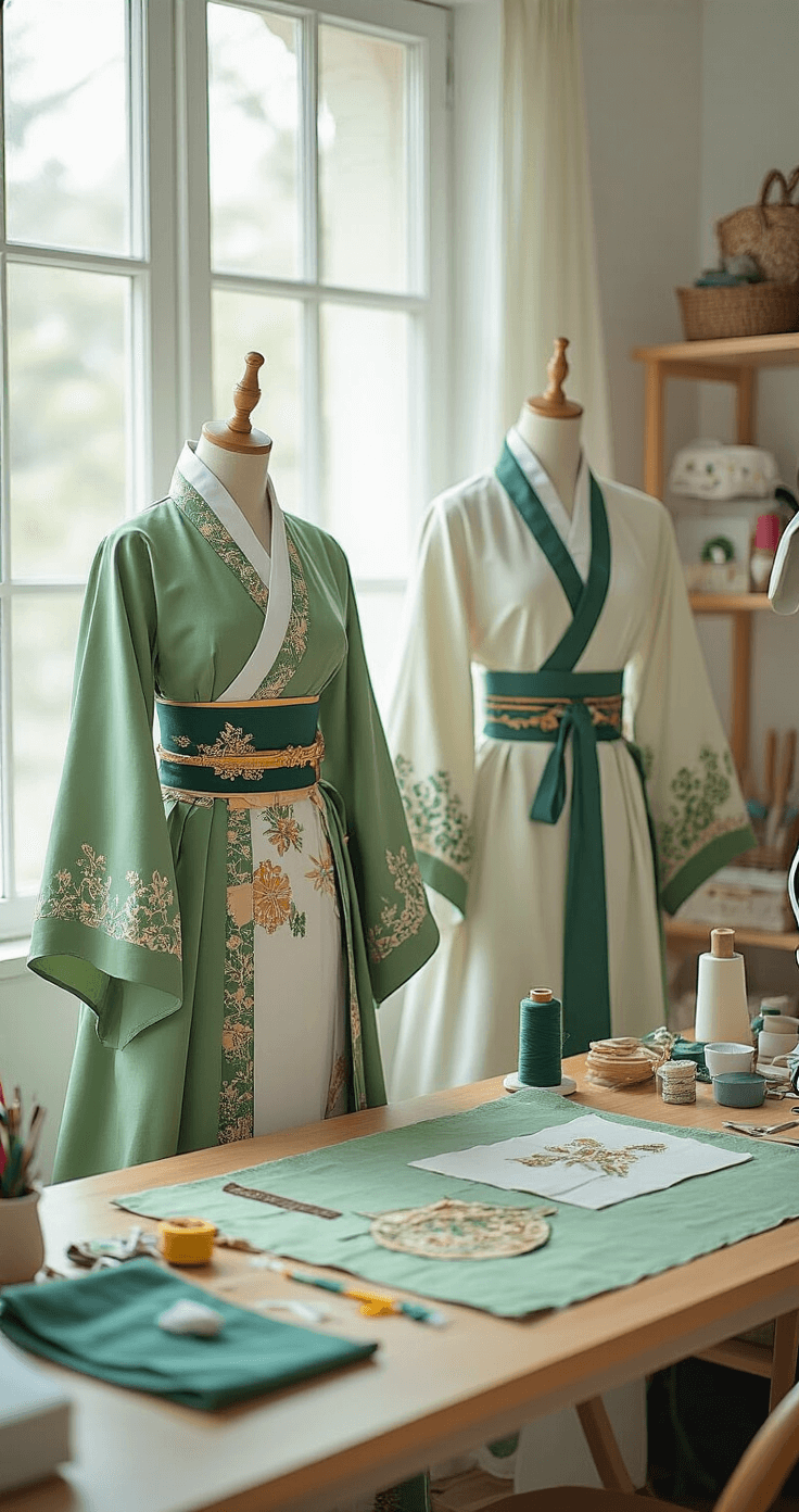 Maomao Cosplay: Your Ultimate Guide to Bringing the Apothecary Diaries Character to Life A bright and organized cosplay workspace featuring a sewing station with partially sewn sage green hanfu costume pieces, pattern papers, vibrant trims, and reference materials, surrounded by crafting tools and color-matched threads, all set in a neutral-toned room with accents of emerald and gold.