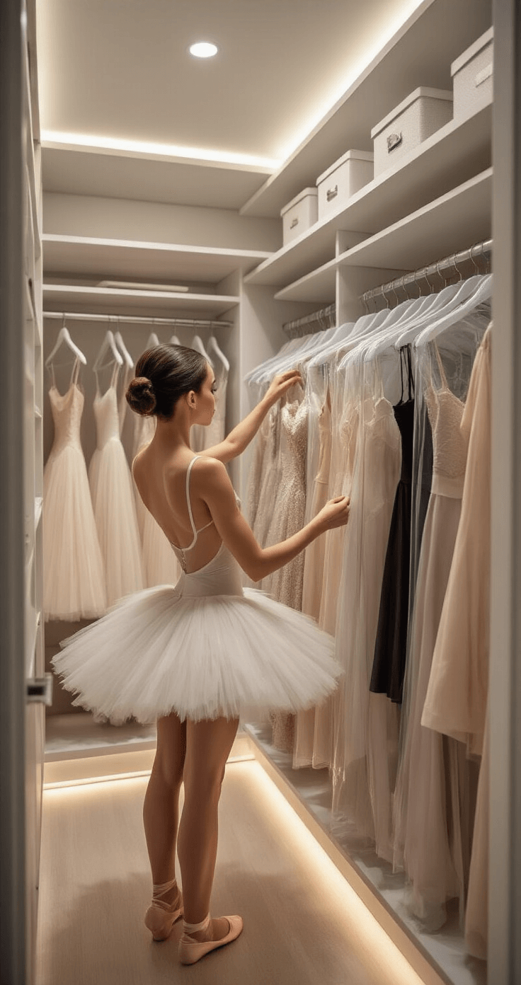 Modern walk-in closet featuring organized performance costumes in protective garment bags, including ballet tutus, jazz ensembles, and contemporary pieces, illuminated by soft ambient lighting in a clean, minimalist aesthetic.