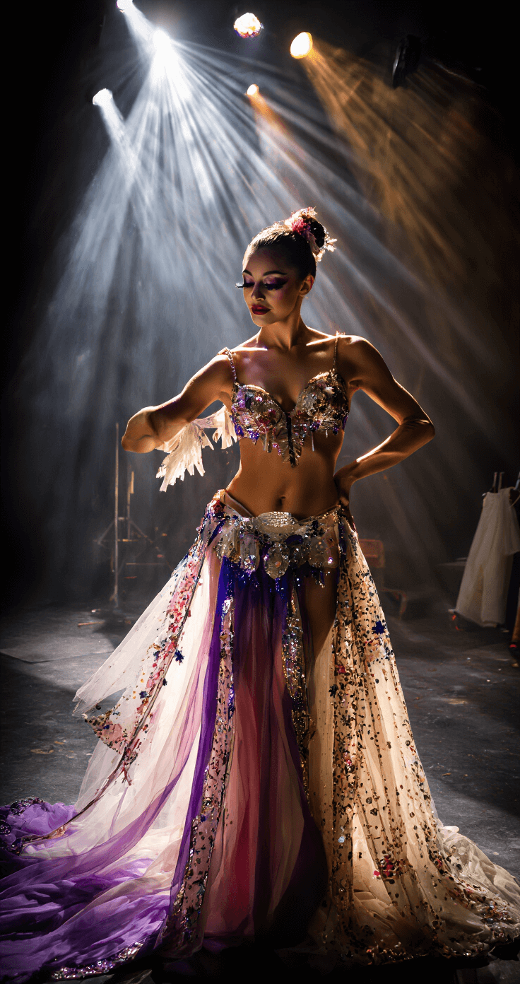 A dancer in a vibrant backstage area fine-tunes her costume, surrounded by dramatic lighting and shadows that highlight her sparkling accessories and flowing fabrics, embodying the electric energy and anticipation of an upcoming performance.