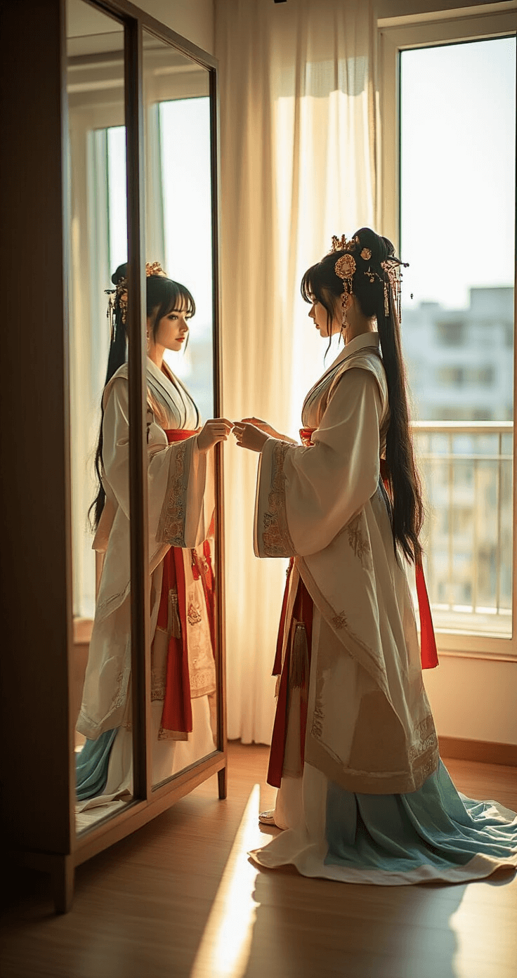 Maomao Cosplay: Your Ultimate Guide to Bringing the Apothecary Diaries Character to Life A young woman in a chic urban apartment tries on her completed Maomao cosplay, standing in front of a full-length mirror. Afternoon sunlight streams through large windows, illuminating her historically-inspired layered robes and intricate details, while modern lifestyle elements are visible in the stylish room.