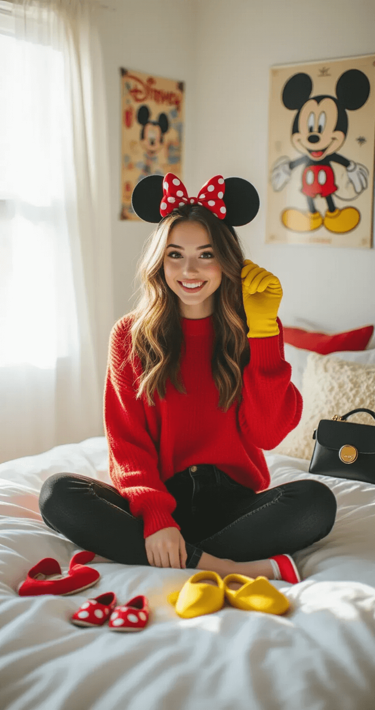 20 Easy Couples Halloween Costumes That'll Make Everyone Laugh A young woman playfully styling a Mickey Mouse inspired outfit in a brightly lit bedroom, holding sparkly mouse ears among costume pieces, with natural sunlight illuminating her red sweater and black skinny jeans on crisp white bedding.