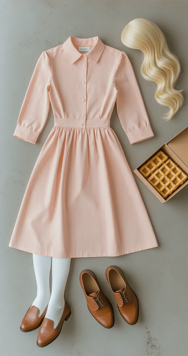 20 Easy Couples Halloween Costumes That'll Make Everyone Laugh A minimalist flat lay setup featuring a fashion-forward Eleven costume, including a pale pink midi dress, white crew socks, and brown oxford shoes, on a concrete surface, with diffused lighting highlighting the soft textures. A blonde wig and a box of Eggo waffles are included as props, creating a clean aesthetic in muted pastel tones.