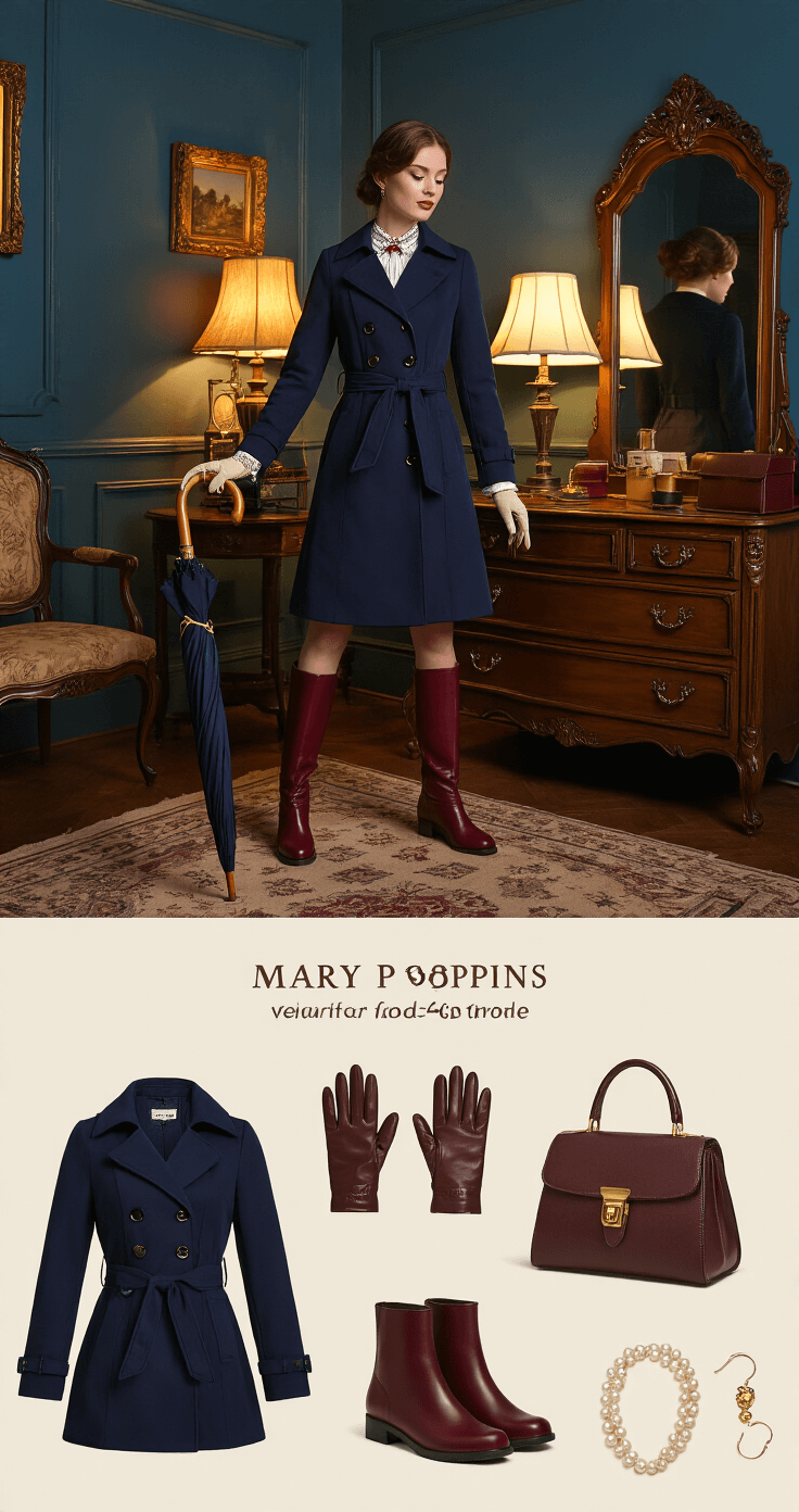 20 Easy Couples Halloween Costumes That'll Make Everyone Laugh Woman trying on a Mary Poppins-inspired outfit in a cozy Victorian-style bedroom, featuring a navy wool trench coat and burgundy leather boots, with warm lamp lighting highlighting rich jewel tones. An antique dresser displays a vintage umbrella and a pearl necklace, while brown leather gloves and a structured handbag complete the look. An ornate mirror reflects the styling process in this intimate setting.