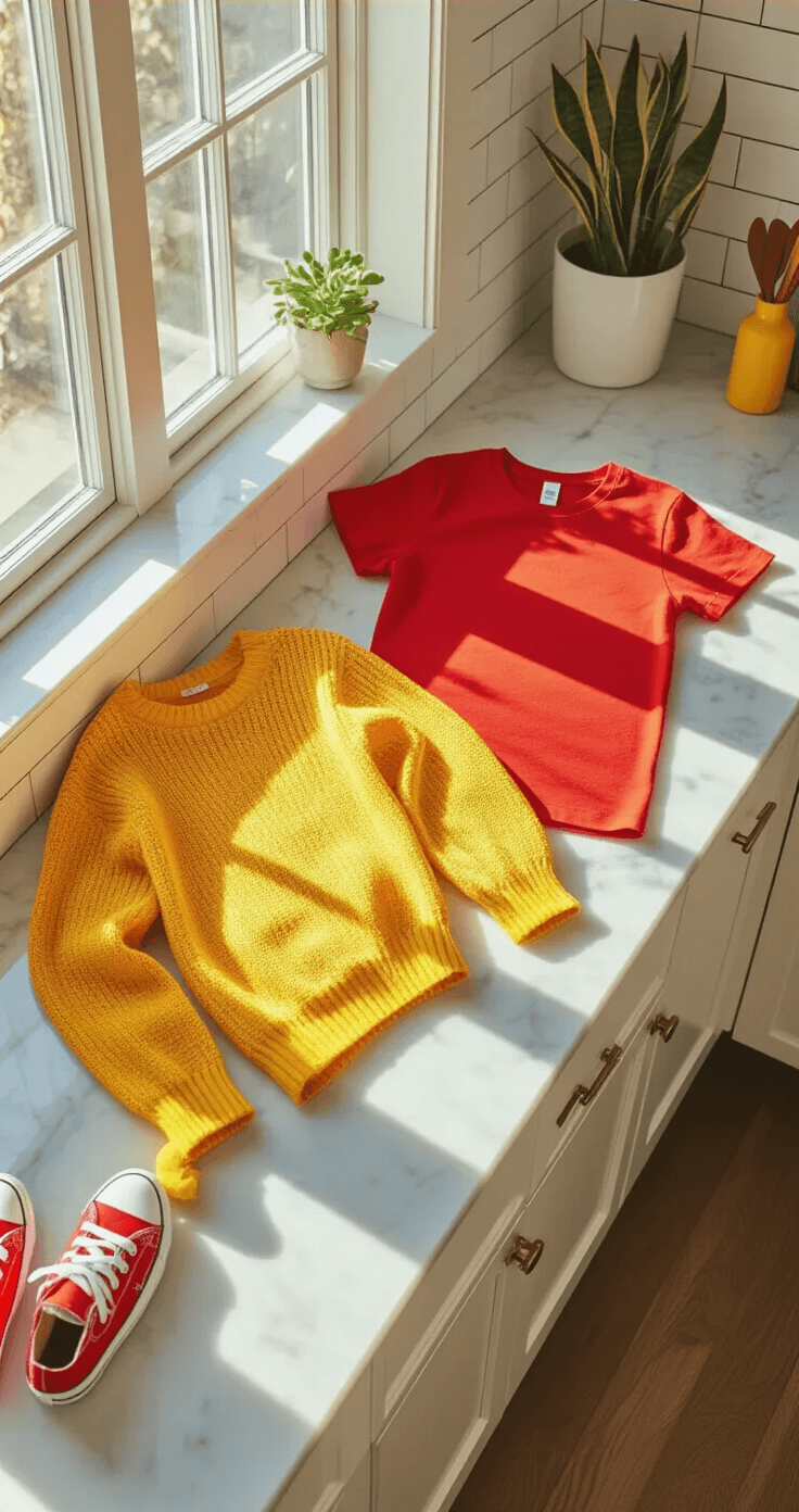20 Easy Couples Halloween Costumes That'll Make Everyone Laugh A bright kitchen bathed in morning light, featuring a couple's ketchup and mustard costume preparation with a red cotton t-shirt and yellow knit sweater on a marble countertop, complemented by red sneakers, a yellow headband, and colorful matching socks, surrounded by white subway tiles and plants for a fresh, cheerful atmosphere.