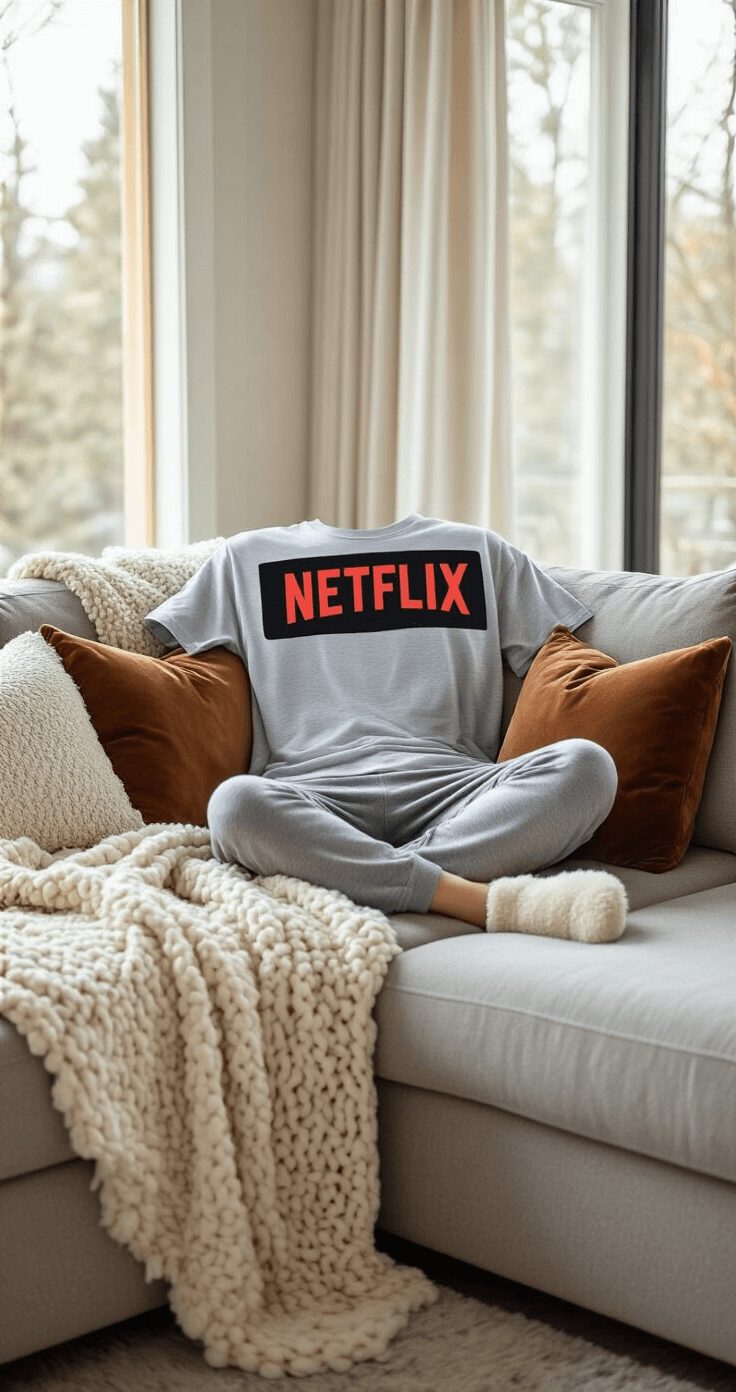 20 Easy Couples Halloween Costumes That'll Make Everyone Laugh Cozy afternoon living room with a modern sectional sofa featuring a Netflix graphic tee, gray joggers, and fuzzy slippers. Soft natural light fills the space, highlighting a chunky knit throw blanket and velvet pillows in neutral tones, creating a relaxed atmosphere with minimalist decor and warm wood accents.