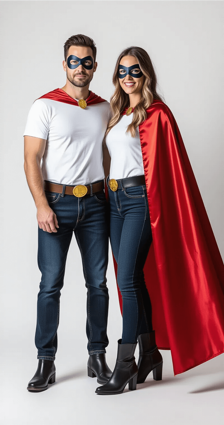 20 Easy Couples Halloween Costumes That'll Make Everyone Laugh Flat lay of a superhero couple costume setup featuring matching dark wash jeans, fitted white t-shirts, bold red satin capes with gold clasps, black ankle boots, leather utility belts, and simple eye masks on a clean white background, captured under professional high-contrast lighting.