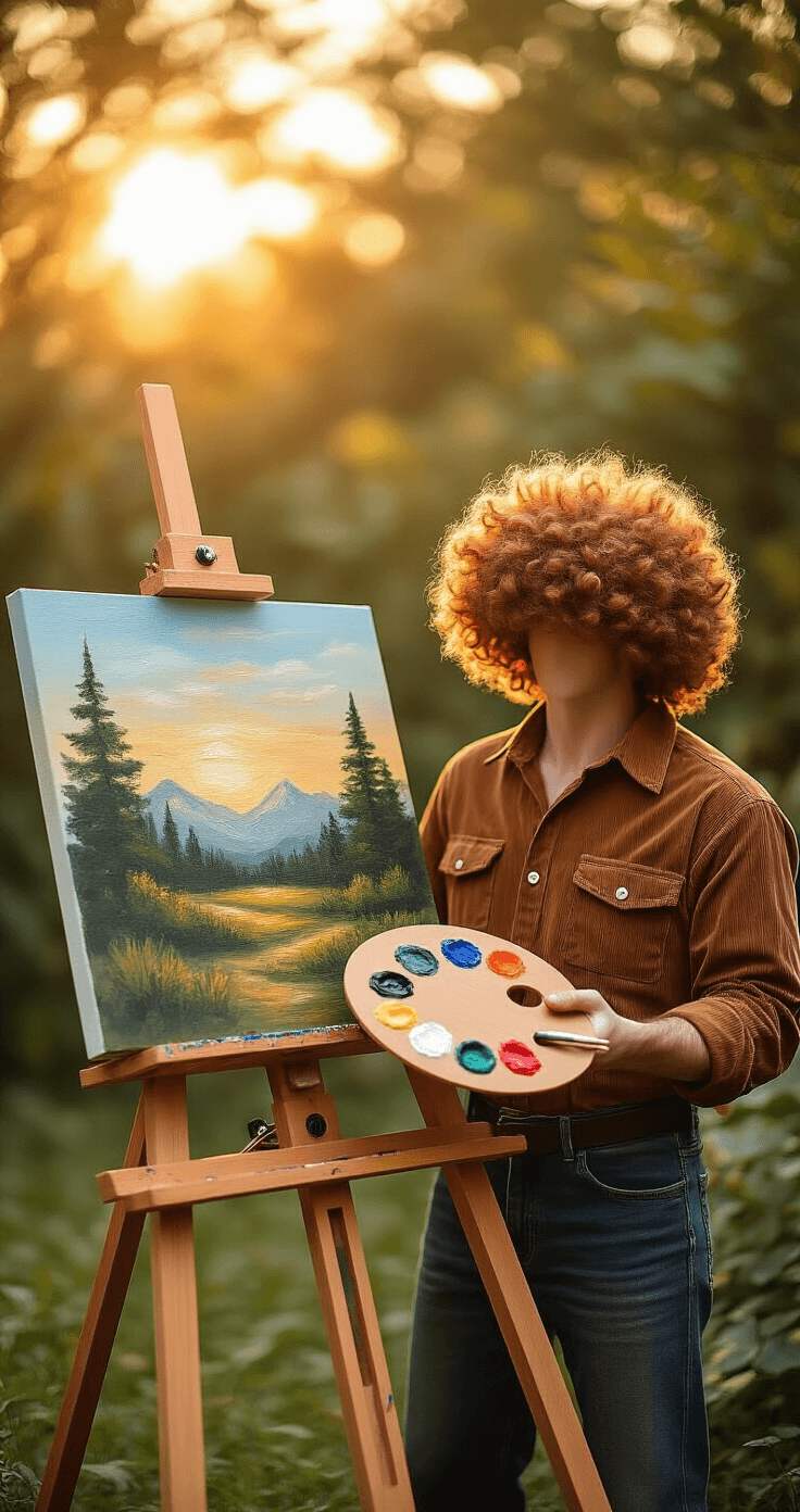 20 Easy Couples Halloween Costumes That'll Make Everyone Laugh A Bob Ross costume setup featuring a brown corduroy shirt, dark jeans, and a painting palette on an easel, surrounded by soft-focus greenery in warm sunset lighting, with a curly auburn wig and paint brushes nearby.