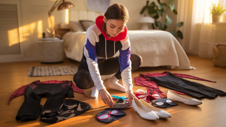 A young woman in a black and red Spider-Gwen hoodie arranges costume pieces on a sunlit wooden floor, with golden hour light illuminating her cozy bedroom, showcasing black spandex suits, red web patterns, white ballet flats, and colorful masks.