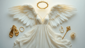 A beautifully arranged angel costume flatlay featuring a flowing white chiffon dress, delicate feather wings with iridescent highlights, a sparkling golden halo, golden accessories, and pearl jewelry on a pure white background, with soft warm lighting creating an ethereal and dreamy atmosphere.