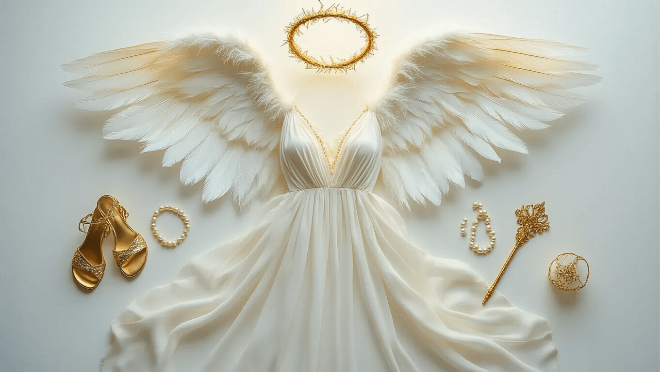 A beautifully arranged angel costume flatlay featuring a flowing white chiffon dress, delicate feather wings with iridescent highlights, a sparkling golden halo, golden accessories, and pearl jewelry on a pure white background, with soft warm lighting creating an ethereal and dreamy atmosphere.