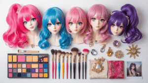 Flat lay of vibrant anime cosplay essentials including colored wigs, makeup brushes, colorful palettes, and costume accessories, arranged artistically on a clean white background with golden hour lighting.