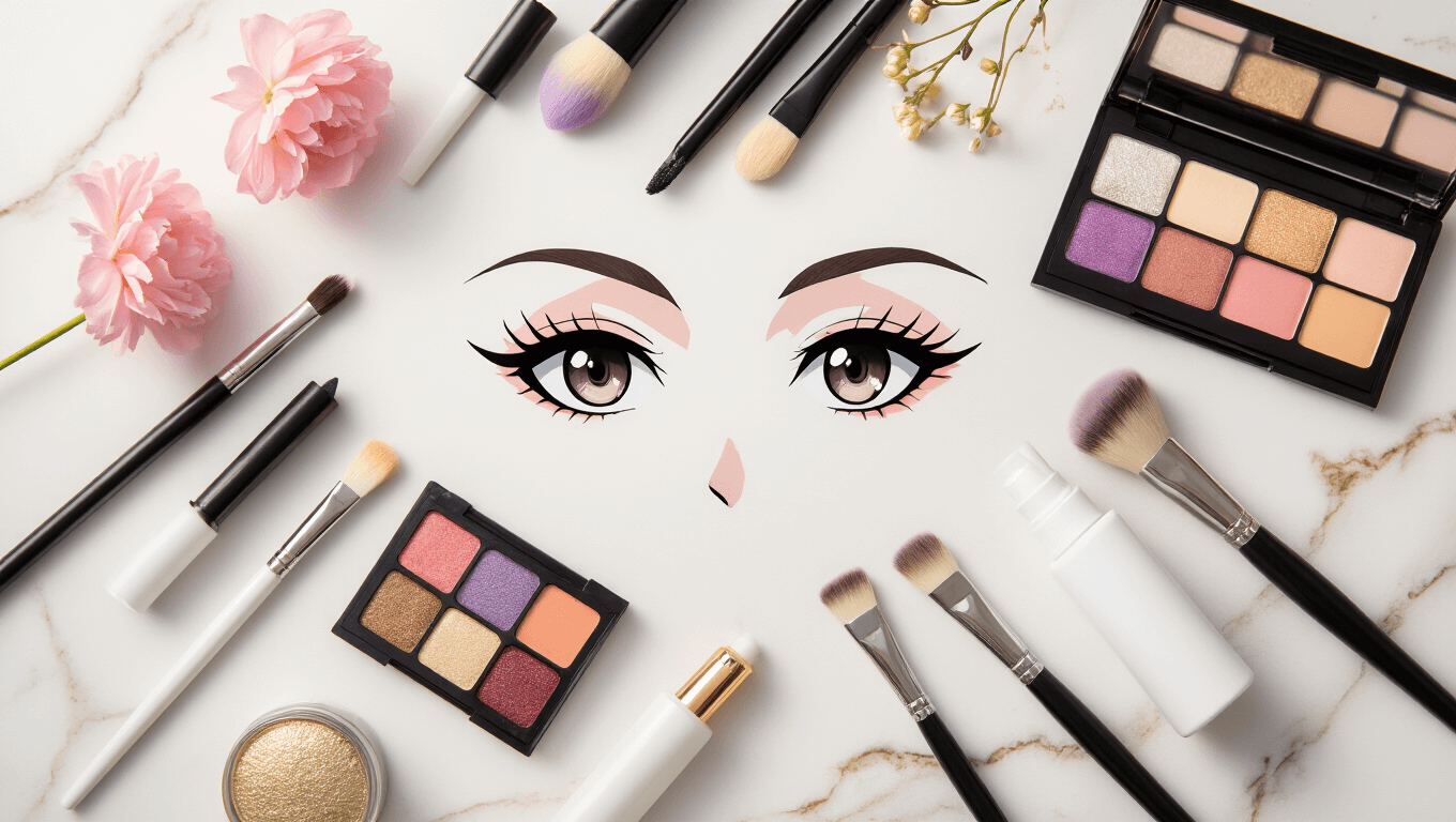 Close-up flatlay of anime cosplay makeup essentials including liquid eyeliners, false eyelashes, eyeshadow palette, and brushes on a clean marble surface, featuring pastel pink and lavender accents with soft natural lighting.