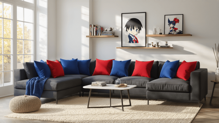 Wide-angle shot of a modern charcoal sectional sofa with vibrant anime throw pillows in navy, blue, and red, illuminated by warm sunlight, against a clean minimalist background.
