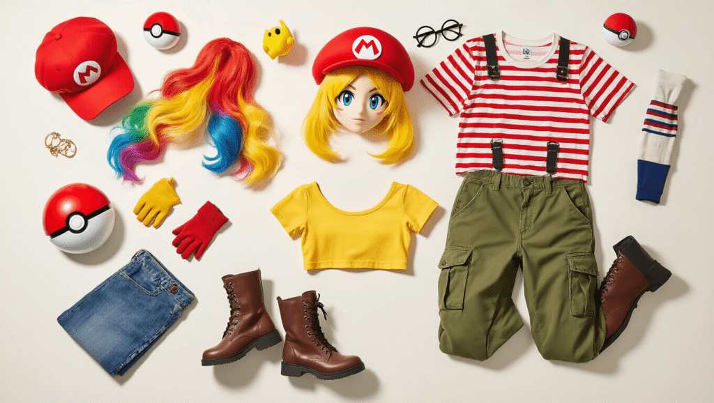Easy Cosplay Ideas: Dress Up Without Breaking the Bank! Warm flatlay of beginner cosplay accessories including a red Mario cap, colorful wigs, a Pokeball, a striped shirt, cargo pants, boots, and gloves on a clean white background with soft golden lighting.