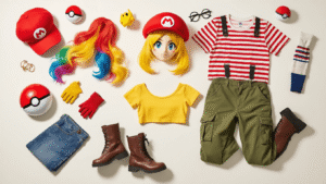 Warm flatlay of beginner cosplay accessories including a red Mario cap, colorful wigs, a Pokeball, a striped shirt, cargo pants, boots, and gloves on a clean white background with soft golden lighting.