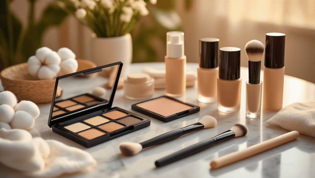 A warm vanity setup with golden hour lighting showcasing beginner-friendly makeup products, including neutral eyeshadow palettes, foundation, contour sticks, and fluffy brushes, arranged on a clean marble surface with cotton swabs and makeup wipes, creating a cozy atmosphere for makeup transformation.