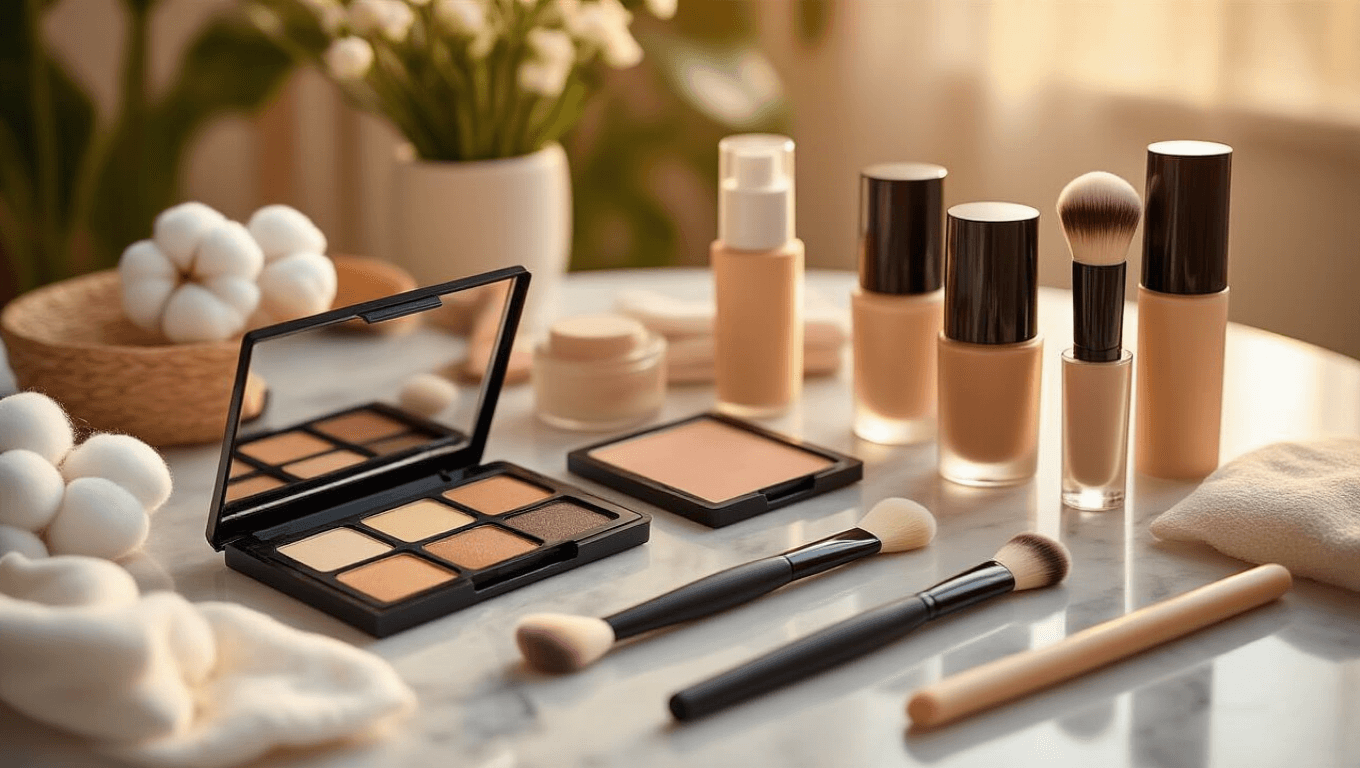 A warm vanity setup with golden hour lighting showcasing beginner-friendly makeup products, including neutral eyeshadow palettes, foundation, contour sticks, and fluffy brushes, arranged on a clean marble surface with cotton swabs and makeup wipes, creating a cozy atmosphere for makeup transformation.