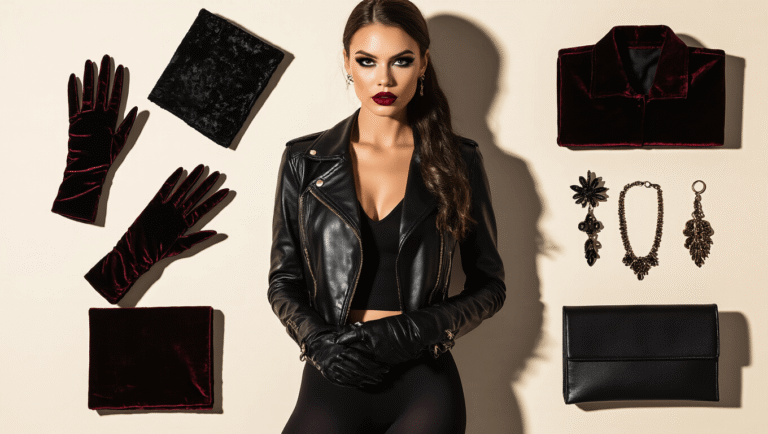 Confident woman in a black Halloween costume with a leather jacket, dark leggings, and dramatic makeup, surrounded by styling accessories on a clean background with golden hour lighting highlighting rich textures.