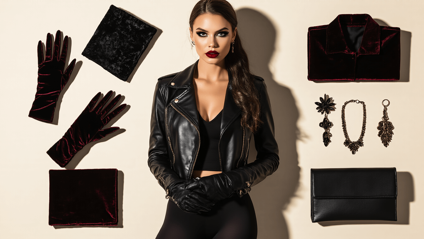 Confident woman in a black Halloween costume with a leather jacket, dark leggings, and dramatic makeup, surrounded by styling accessories on a clean background with golden hour lighting highlighting rich textures.