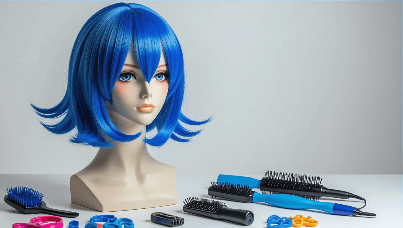 Electric blue cosplay wig on clear glass head, surrounded by styling tools and accessories, with soft warm lighting highlighting its texture and color against a clean white background.