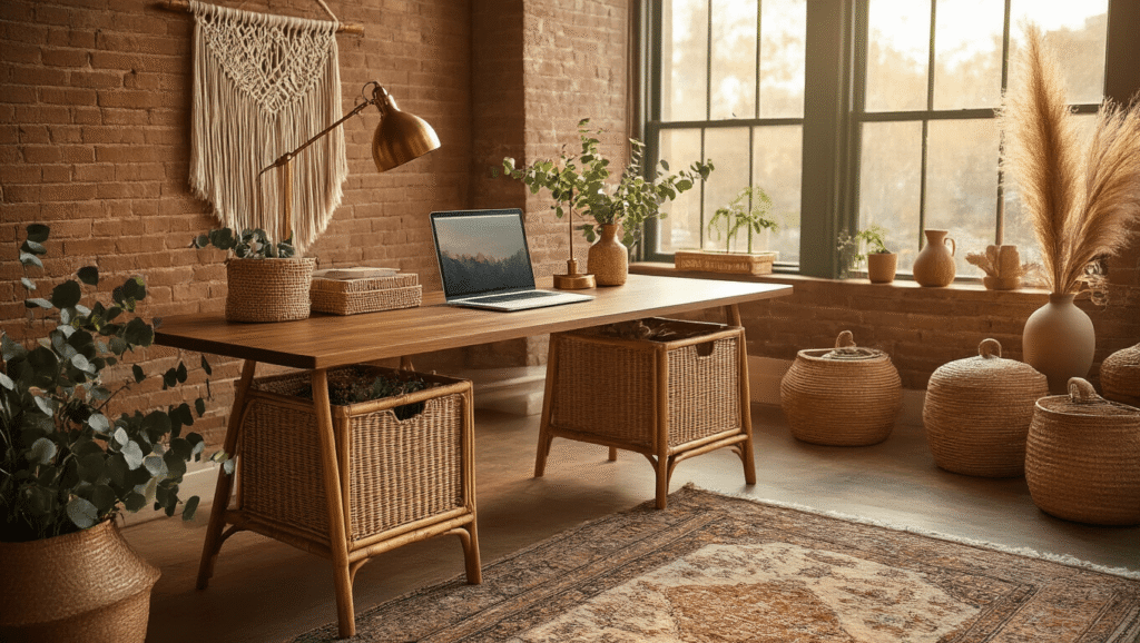 Cinematic golden hour light illuminates a boho-themed walnut L-shaped desk with rattan organizers and a brass lamp, set against an exposed brick wall, adorned with organic textures, layered rugs, and warm earth tones.