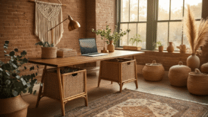 Cinematic golden hour light illuminates a boho-themed walnut L-shaped desk with rattan organizers and a brass lamp, set against an exposed brick wall, adorned with organic textures, layered rugs, and warm earth tones.