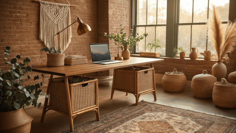 Cinematic golden hour light illuminates a boho-themed walnut L-shaped desk with rattan organizers and a brass lamp, set against an exposed brick wall, adorned with organic textures, layered rugs, and warm earth tones.