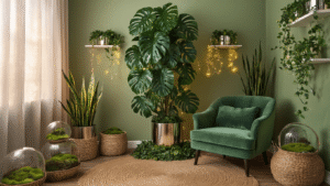 Cinematic wide-angle view of a captivating cosplay room filled with lush greenery, featuring a 7-foot artificial monstera, cascading pothos, and metallic snake plants against sage green walls, illuminated by warm golden hour light and fairy lights, with a cozy velvet armchair and rich textures.