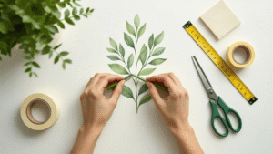 Close-up of hands applying botanical watercolor wall decals to a white wall, with measuring tape, squeegee, scissors, and masking tape on a marble surface, illuminated by soft natural light in a warm golden hour ambiance.