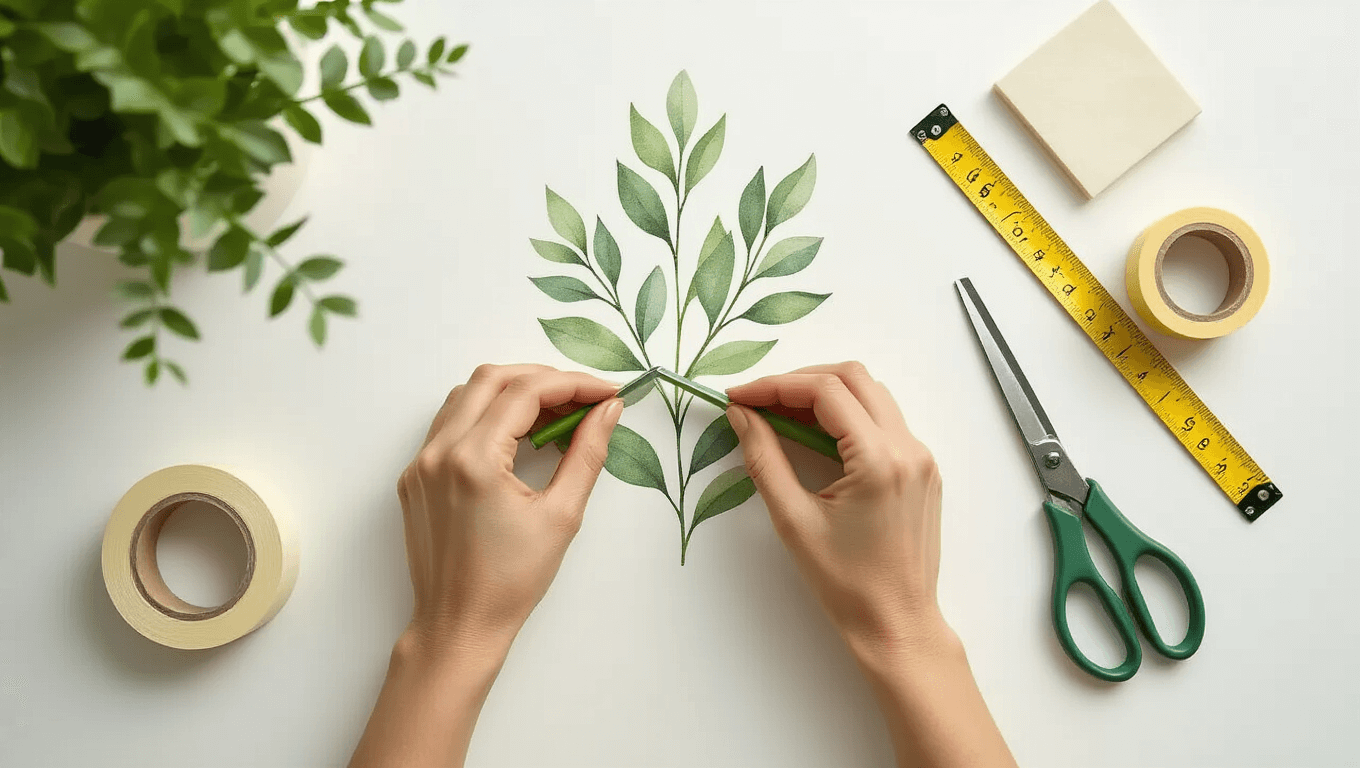 Close-up of hands applying botanical watercolor wall decals to a white wall, with measuring tape, squeegee, scissors, and masking tape on a marble surface, illuminated by soft natural light in a warm golden hour ambiance.