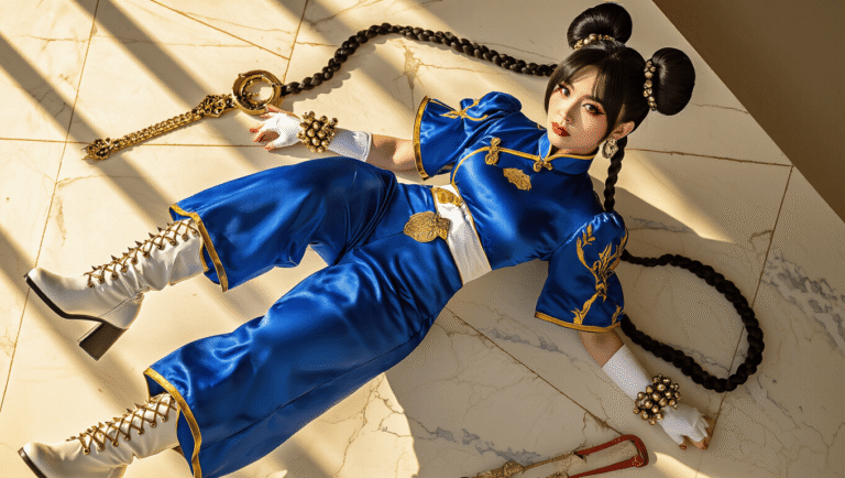 Chun-Li cosplay featuring a blue qipao jumpsuit, white boots, and spiked bracelets arranged on a marble surface with warm golden lighting highlighting the textures and details.