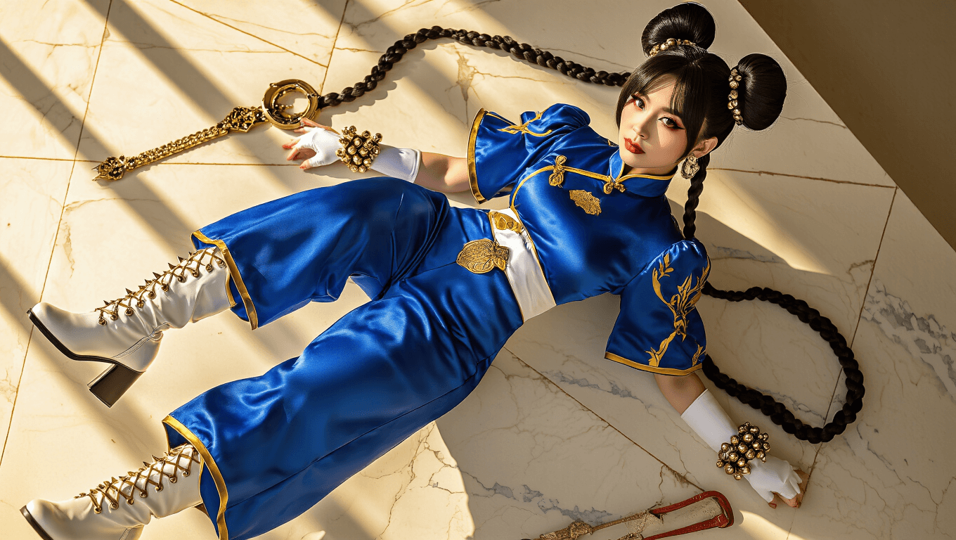 Chun-Li cosplay featuring a blue qipao jumpsuit, white boots, and spiked bracelets arranged on a marble surface with warm golden lighting highlighting the textures and details.