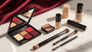 A beautifully arranged makeup tutorial setup for Chuuya Nakahara cosplay featuring essential products like a contour palette, red eyeshadow, black eyeliner, and precision brushes on a clean marble surface, illuminated by soft golden hour light.