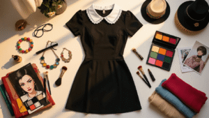 A warm flat lay showcasing closet cosplay essentials: a black fitted dress with a white collar, colorful costume jewelry, makeup palettes with brushes, character photos, thrifted vintage accessories, and layered clothing pieces, all illuminated by soft golden hour light.