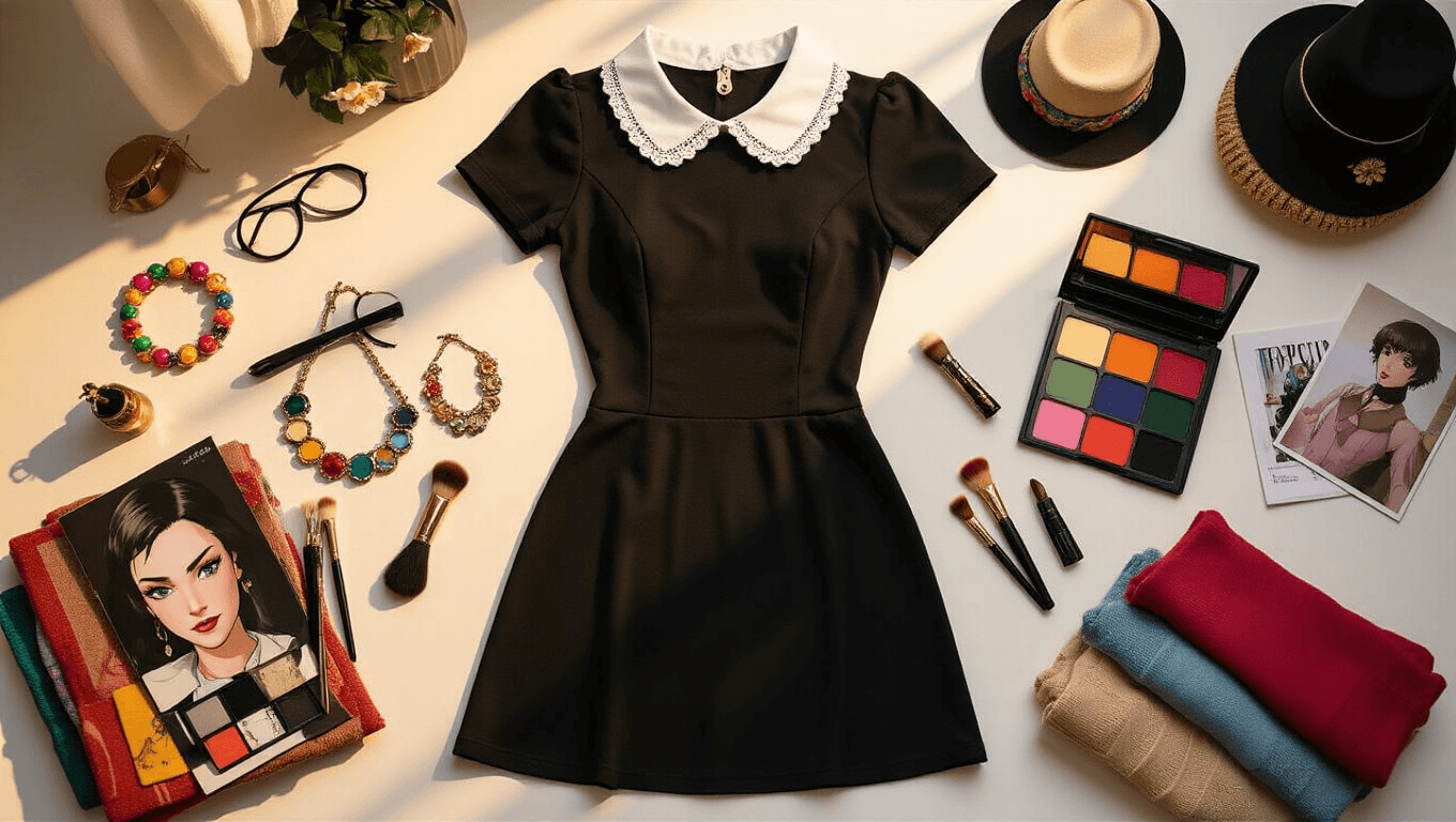 A warm flat lay showcasing closet cosplay essentials: a black fitted dress with a white collar, colorful costume jewelry, makeup palettes with brushes, character photos, thrifted vintage accessories, and layered clothing pieces, all illuminated by soft golden hour light.