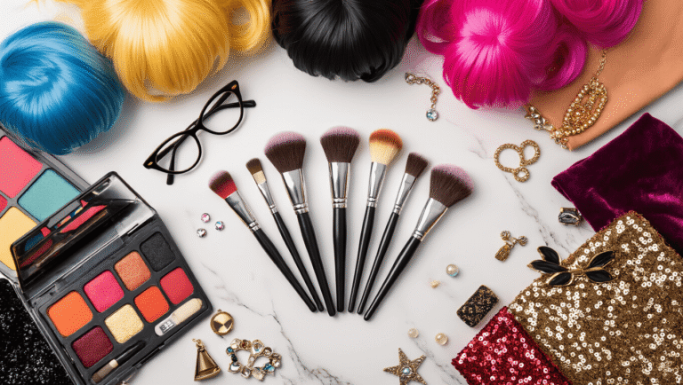 Flat lay of colorful cosplay essentials on a white marble surface, featuring synthetic wigs, makeup brushes, vibrant eyeshadow palettes, costume accessories, fabric swatches, and small decorative props, all bathed in warm natural lighting.