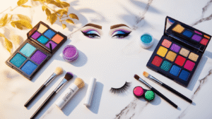 A flat lay of vibrant cosplay makeup essentials arranged on a white marble surface, featuring jewel-toned eyeshadow palettes, precision eyeliner, false lashes, blending brushes, and colorful contact lens cases, all illuminated by soft golden hour lighting.