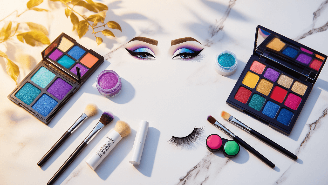 A flat lay of vibrant cosplay makeup essentials arranged on a white marble surface, featuring jewel-toned eyeshadow palettes, precision eyeliner, false lashes, blending brushes, and colorful contact lens cases, all illuminated by soft golden hour lighting.