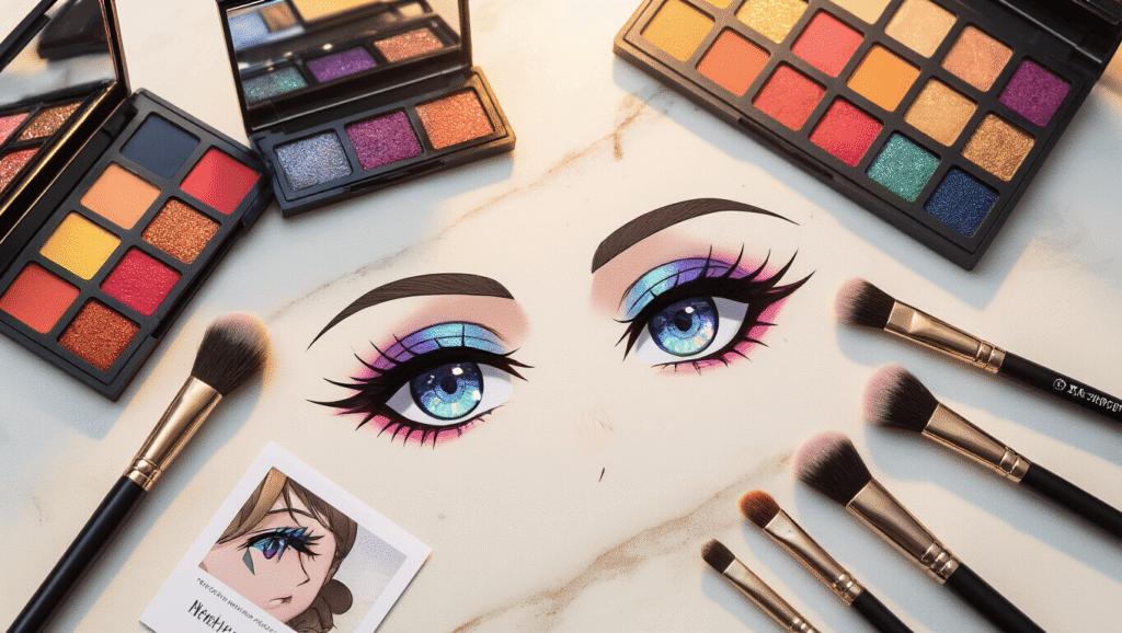 A warm vanity with jewel-toned eyeshadow palettes, precision brushes, and dramatic eyeliner, featuring anime-inspired eye makeup as the focal point, illuminated by soft golden hour lighting.
