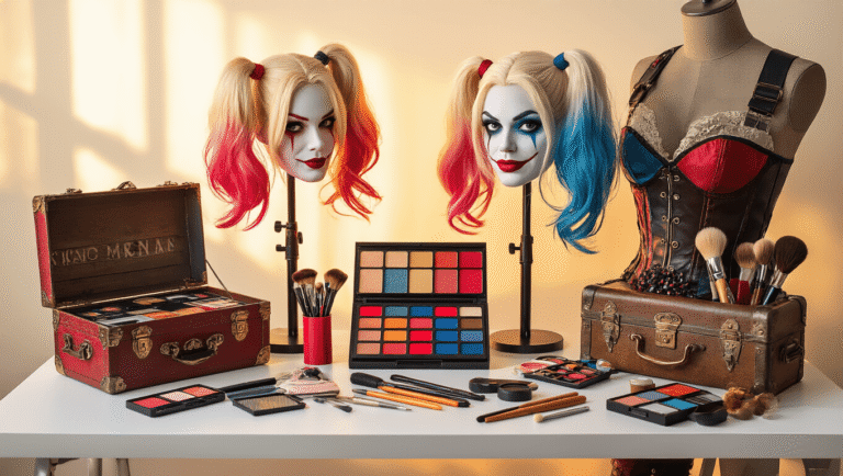 Vibrant cosplay styling setup showcasing colorful wigs, a bold makeup palette, character props, and costume accessories on a clean white surface, illuminated by warm golden hour lighting.