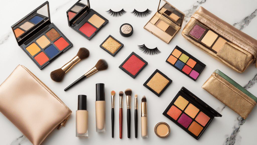 Flatlay of a professional cosplay makeup collection on a white marble surface, showcasing colorful eyeshadow palettes, false eyelashes, contour kits, foundation bottles, and precision brushes, illuminated by warm golden lighting, emphasizing textures and organization.