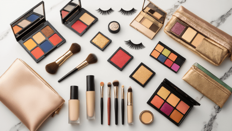 Flatlay of a professional cosplay makeup collection on a white marble surface, showcasing colorful eyeshadow palettes, false eyelashes, contour kits, foundation bottles, and precision brushes, illuminated by warm golden lighting, emphasizing textures and organization.